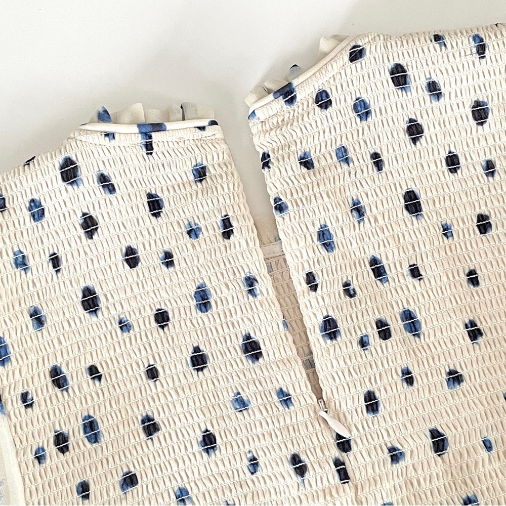 Aritzia Cream Blouson Sleeve Smocked Top with Navy Dot Print - Picture 9 of 10